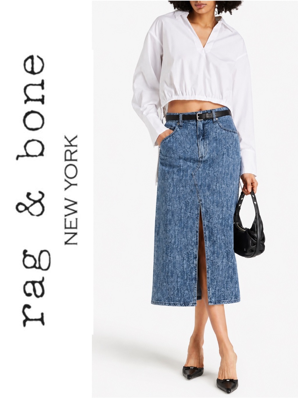 RAG & BONE Clara Midi High Waist Denim Skirt Blue Acid Wash Front Slit Size 28
